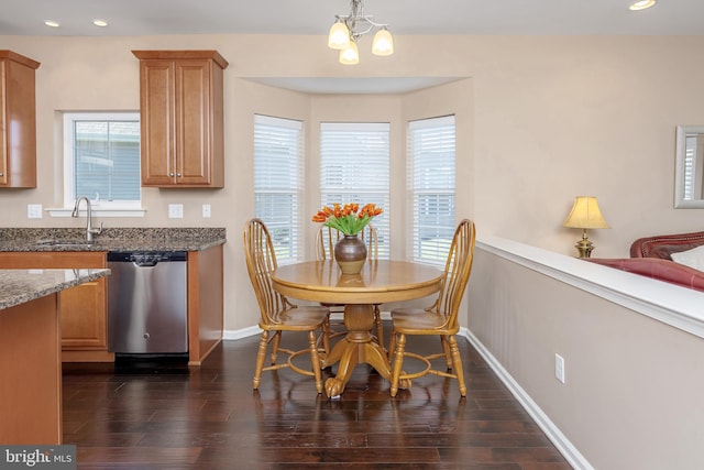 dining area featuring sink, a healthy amount of sunlight, and dark hardwood / wood-style floors