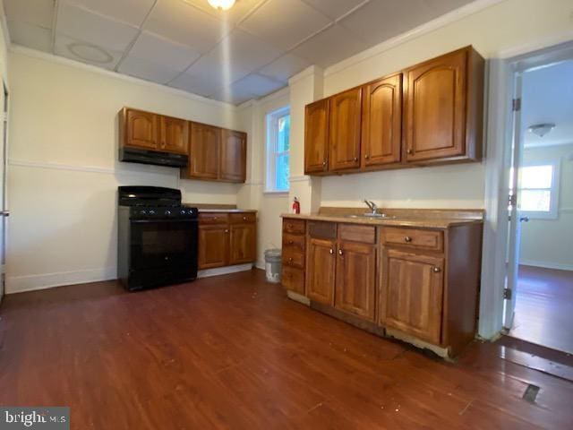 kitchen featuring sink, a drop ceiling, dark hardwood / wood-style flooring, and black gas range oven