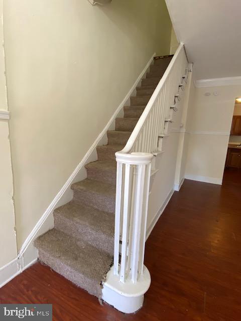 stairs featuring hardwood / wood-style floors