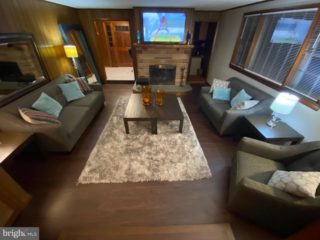 living room featuring dark wood-type flooring