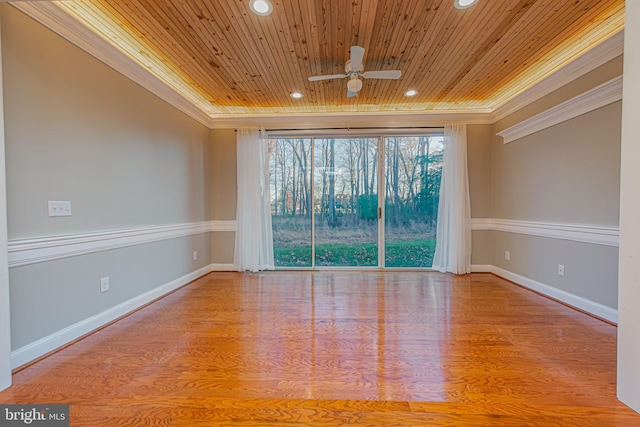 unfurnished room with hardwood / wood-style floors, wooden ceiling, and ornamental molding