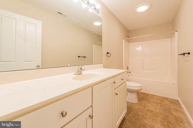 full bathroom with bathing tub / shower combination, vanity, and toilet