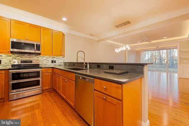 kitchen featuring sink, kitchen peninsula, stainless steel appliances, and light hardwood / wood-style flooring