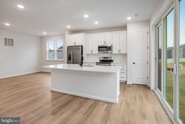 35551 Aspen Way, Locust Grove, VA 22508 - kitchen with sink, white cabinetry, stainless steel appliances, an island with sink, and light wood-type flooring
