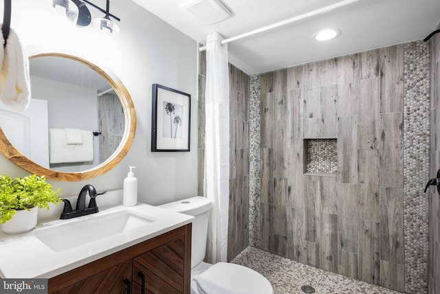 bathroom with vanity, curtained shower, and toilet