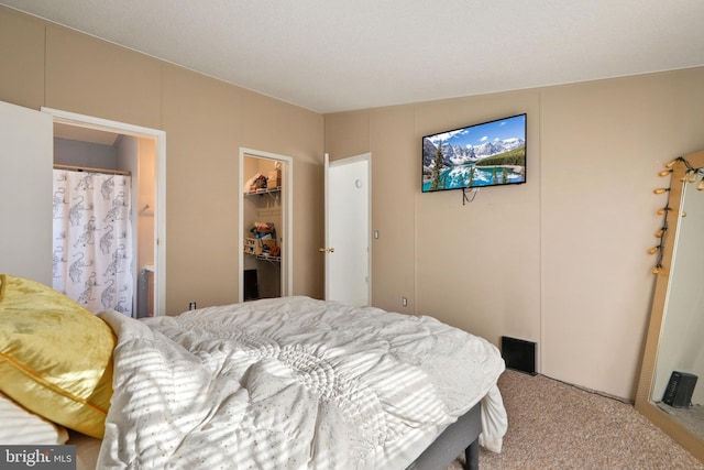 carpeted bedroom with a walk in closet and a closet