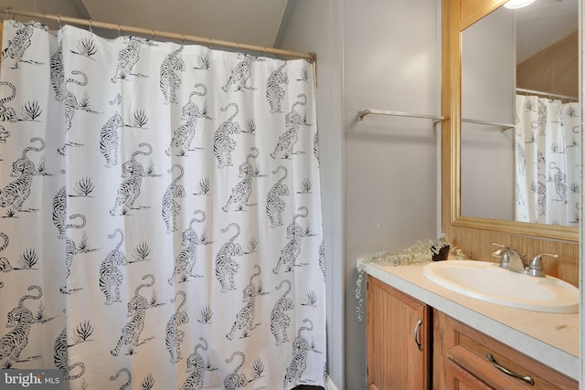 bathroom with vanity and a shower with shower curtain