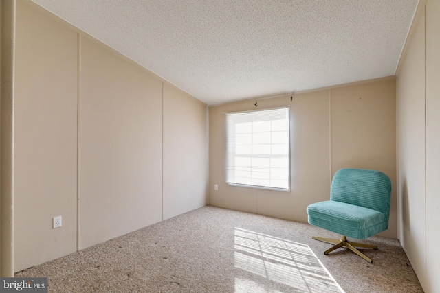 unfurnished room with carpet flooring, vaulted ceiling, and a textured ceiling