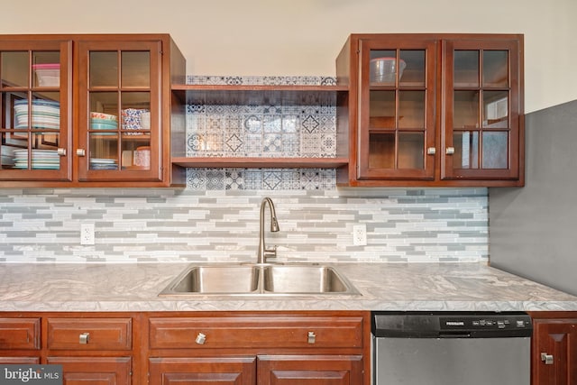 kitchen with decorative backsplash, dishwasher, and sink