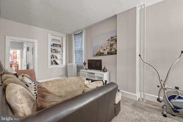 carpeted living room featuring radiator heating unit