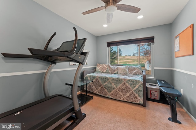 carpeted bedroom featuring ceiling fan