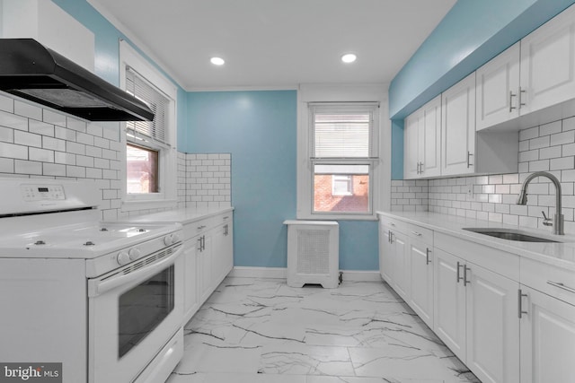 kitchen with white cabinets, sink, white range with electric stovetop, and exhaust hood