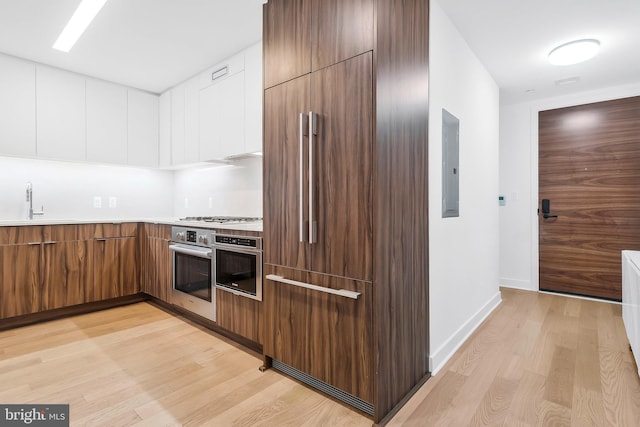 kitchen with electric panel, sink, light hardwood / wood-style floors, and appliances with stainless steel finishes