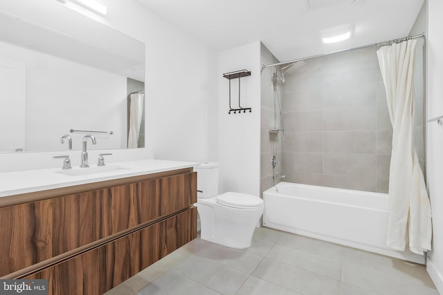 full bathroom with tile patterned flooring, shower / bath combination with curtain, toilet, and vanity