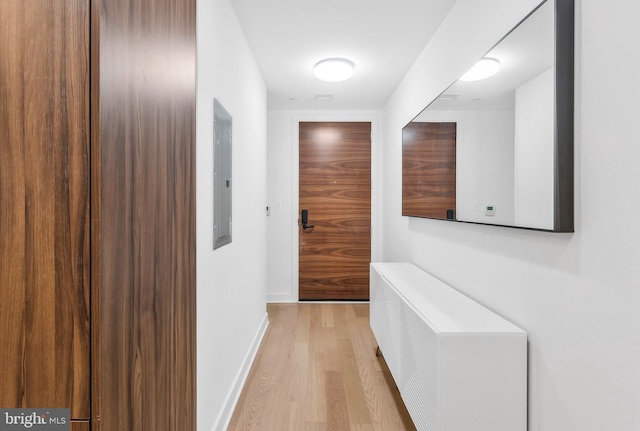 hallway featuring electric panel and light hardwood / wood-style flooring