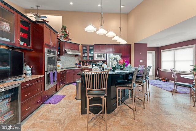 kitchen with decorative backsplash, stainless steel appliances, a kitchen island with sink, ceiling fan, and pendant lighting