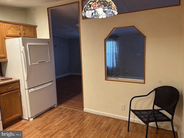 kitchen featuring crown molding, ceiling fan, light hardwood / wood-style floors, and white refrigerator