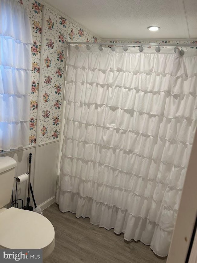 bathroom featuring a textured ceiling, hardwood / wood-style flooring, and toilet