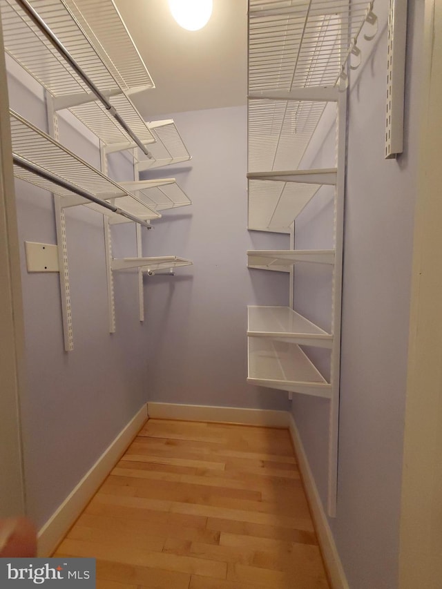 walk in closet with light hardwood / wood-style floors