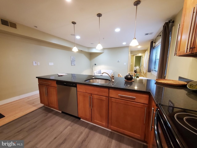 kitchen featuring dishwasher, sink, black range with electric cooktop, dark hardwood / wood-style flooring, and pendant lighting