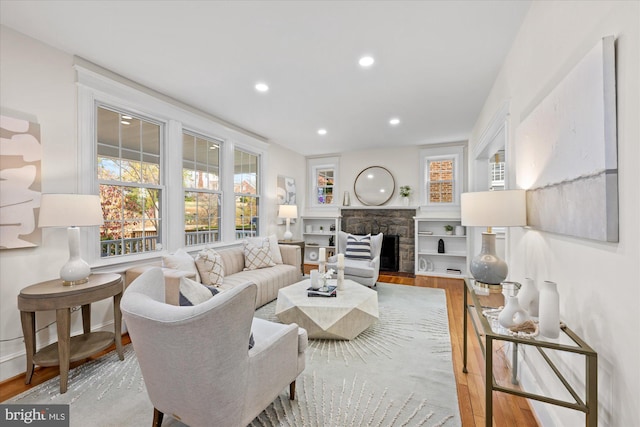 living room featuring a fireplace and light wood-type flooring