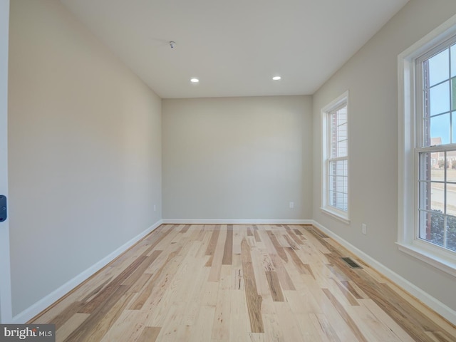 spare room featuring plenty of natural light and light hardwood / wood-style flooring