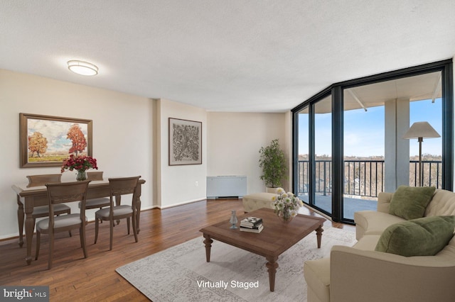 living room with floor to ceiling windows, radiator, baseboards, and wood finished floors