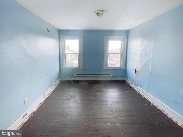 unfurnished room featuring dark hardwood / wood-style flooring and a baseboard heating unit