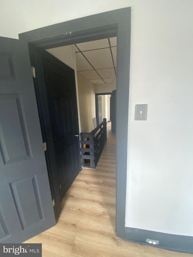 hallway featuring a paneled ceiling and light hardwood / wood-style flooring