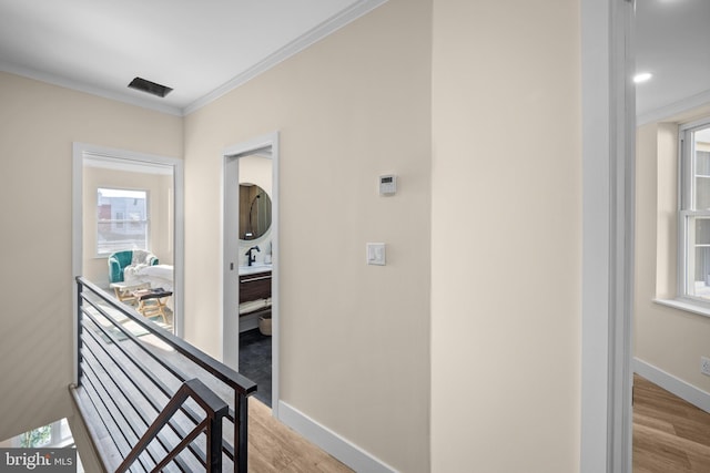 hall featuring sink, crown molding, and light hardwood / wood-style flooring