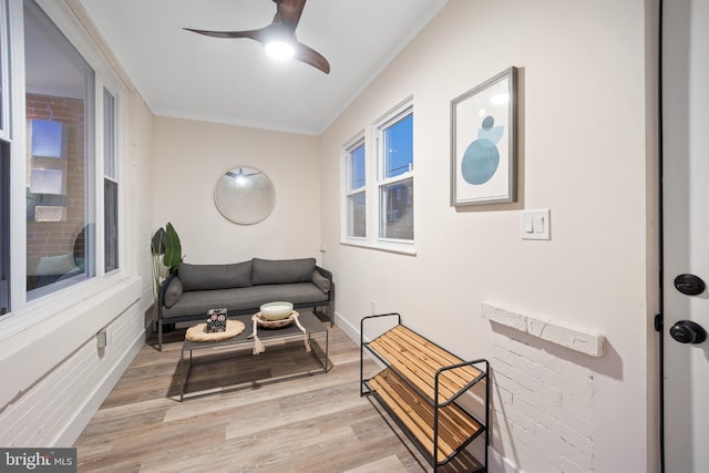 sitting room featuring light wood-type flooring, ceiling fan, and crown molding