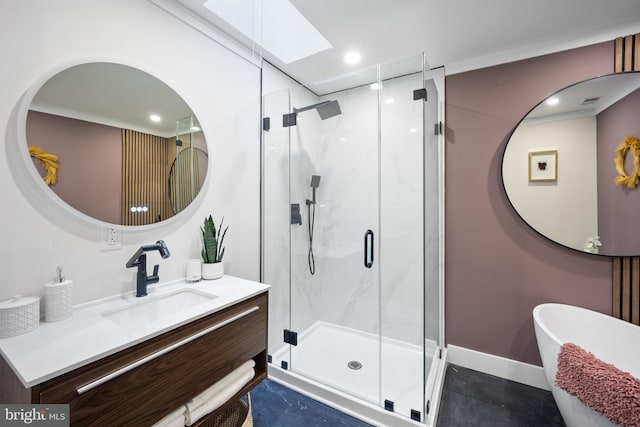 bathroom featuring vanity, plus walk in shower, and a skylight