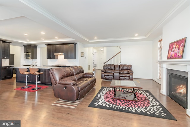 living room featuring hardwood / wood-style floors, sink, crown molding, and a tray ceiling