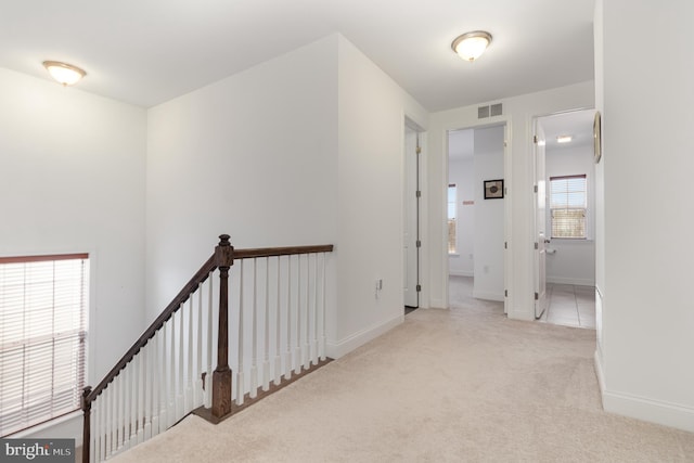 hall featuring light carpet and plenty of natural light