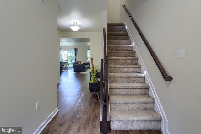 stairway with hardwood / wood-style flooring