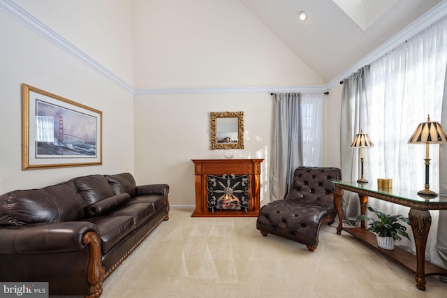 living room featuring carpet floors and high vaulted ceiling