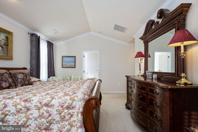 bedroom featuring light carpet, vaulted ceiling, and ornamental molding