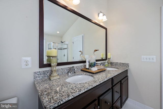 bathroom featuring tile patterned flooring, vanity, vaulted ceiling, and a shower with shower door