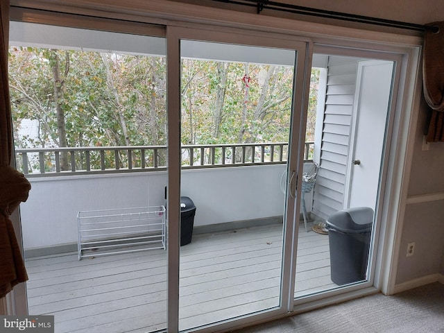 doorway with carpet flooring