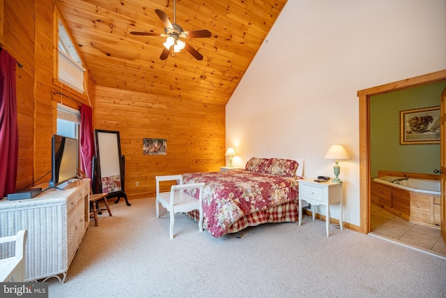 bedroom featuring wood ceiling, ceiling fan, high vaulted ceiling, and light carpet