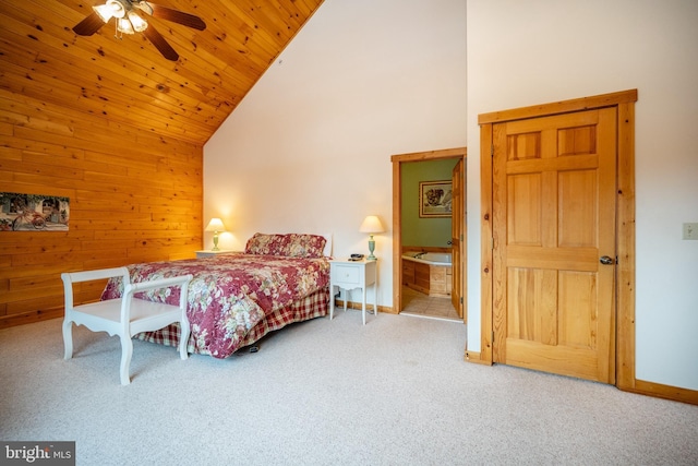 bedroom featuring wood ceiling, ceiling fan, wooden walls, high vaulted ceiling, and carpet floors