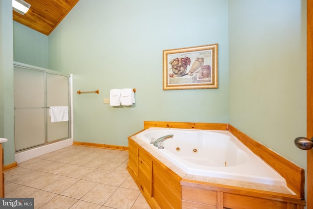 bathroom with separate shower and tub, tile patterned flooring, high vaulted ceiling, and wooden ceiling