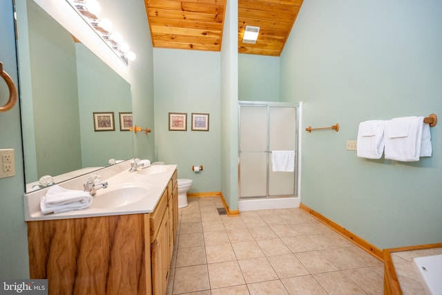 bathroom with tile patterned floors, an enclosed shower, lofted ceiling, vanity, and wood ceiling