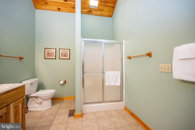 bathroom featuring walk in shower, vanity, vaulted ceiling, wooden ceiling, and tile patterned flooring