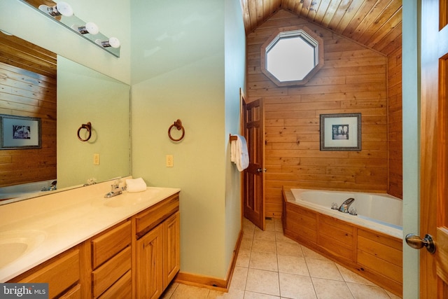 bathroom with wooden ceiling, tile patterned flooring, vaulted ceiling, wooden walls, and vanity