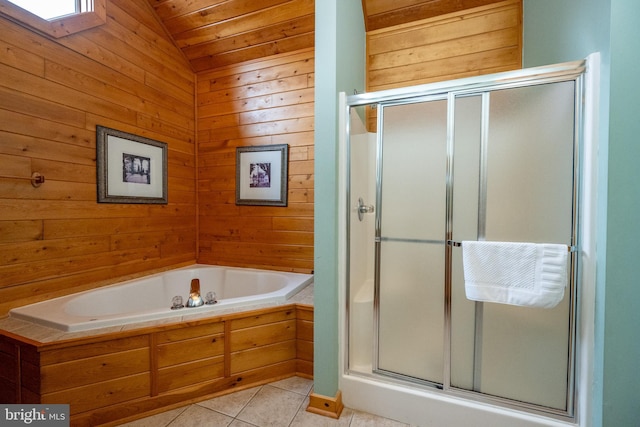 bathroom with lofted ceiling, wooden ceiling, wooden walls, tile patterned flooring, and shower with separate bathtub