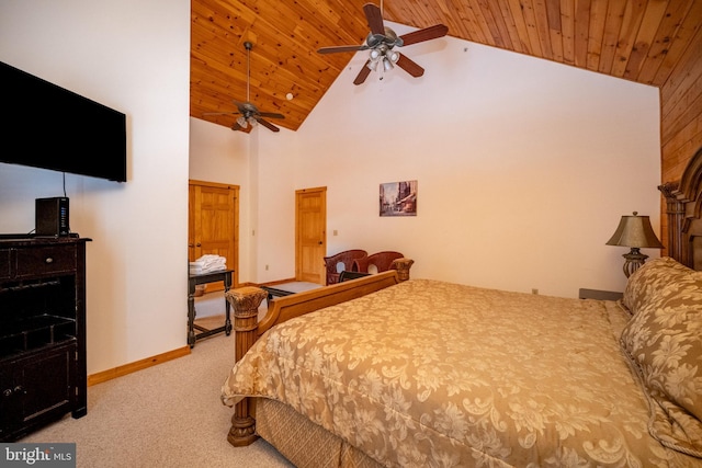 carpeted bedroom featuring ceiling fan, high vaulted ceiling, and wood ceiling