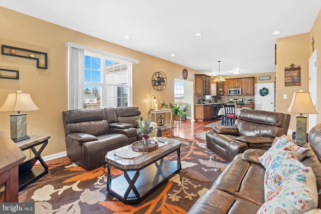 living room featuring dark wood-type flooring