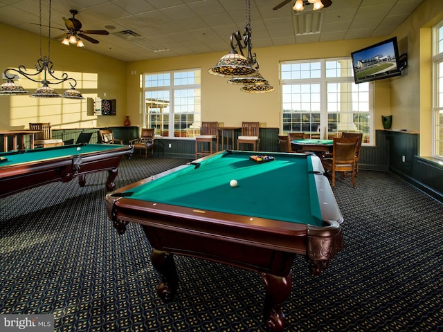 playroom with ceiling fan, carpet, and pool table