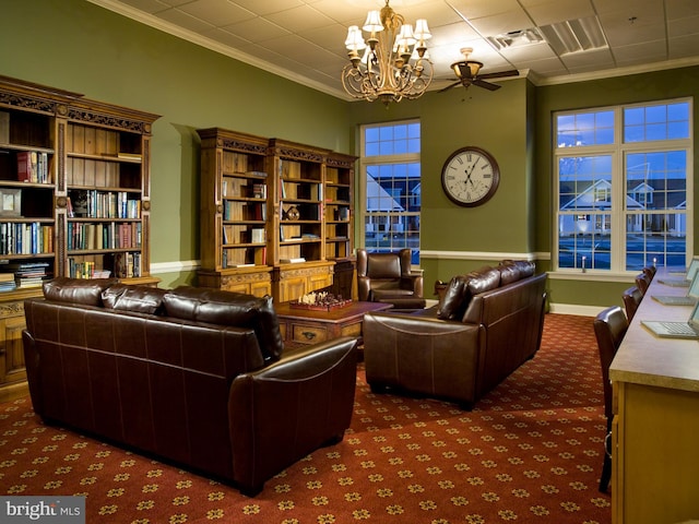 living room featuring dark colored carpet, a chandelier, and crown molding